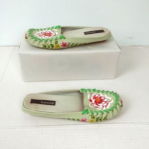 Kenzie 6M Floral Hand Painted Mules - Green and Pink Artsy Chipstitch